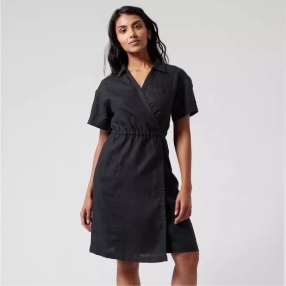 Athleta Black Linen Short Sleeve Knee Length Wrap Dress US6 - Picture 1 of 7